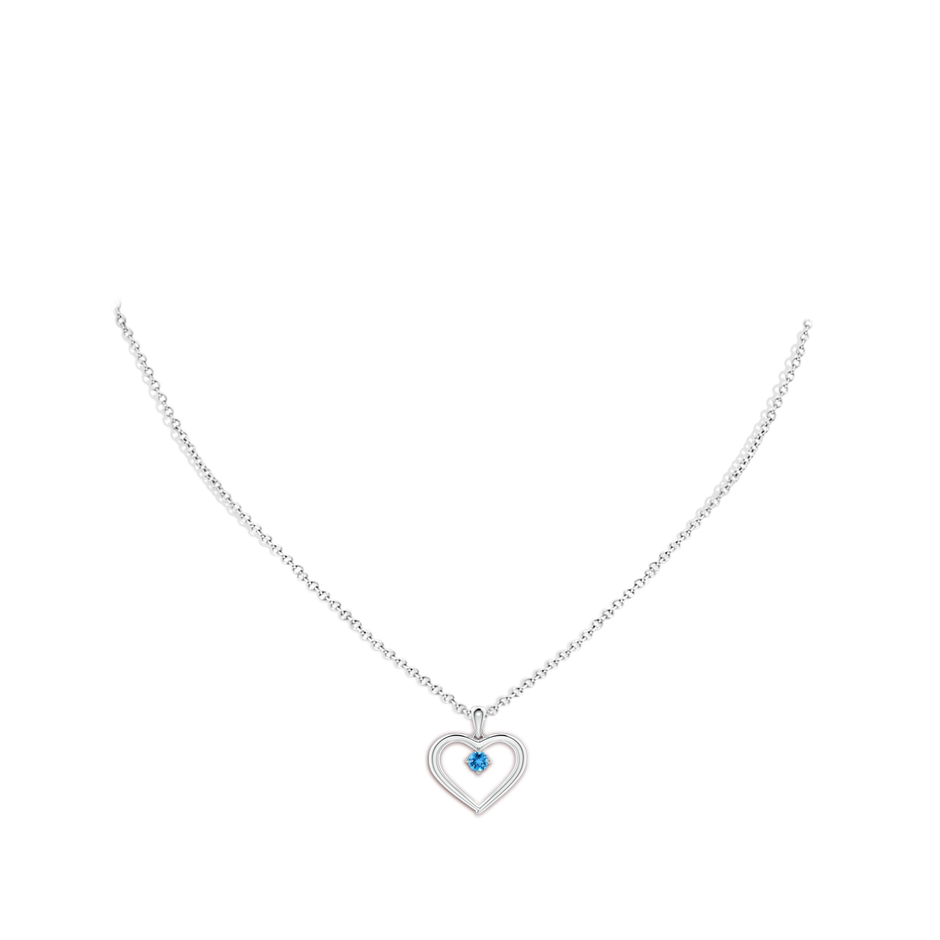 3mm AAA Solitaire Round Swiss Blue Topaz Open Heart Pendant in White Gold body-neck