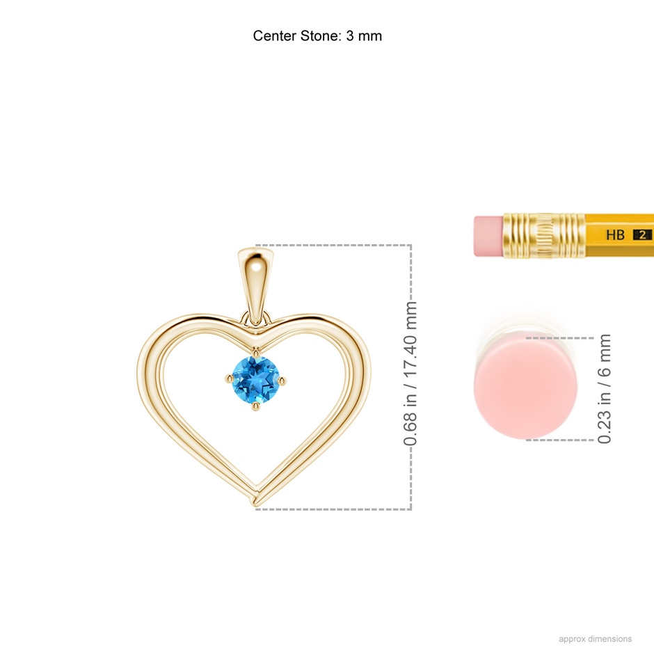 3mm AAA Solitaire Round Swiss Blue Topaz Open Heart Pendant in Yellow Gold ruler