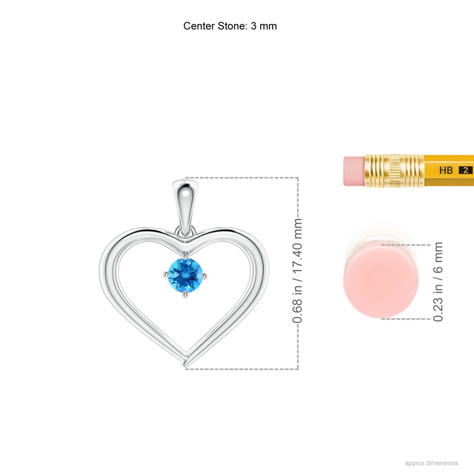 3mm AAAA Solitaire Round Swiss Blue Topaz Open Heart Pendant in White Gold ruler