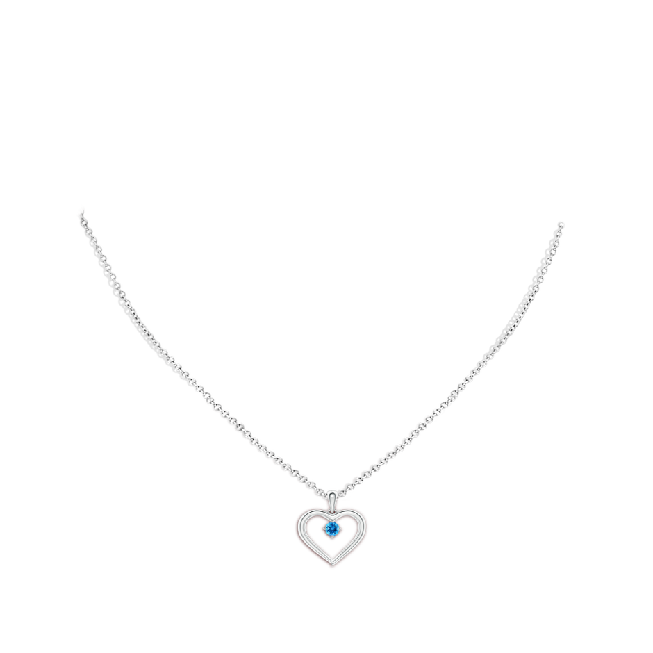 3mm AAAA Solitaire Round Swiss Blue Topaz Open Heart Pendant in White Gold body-neck