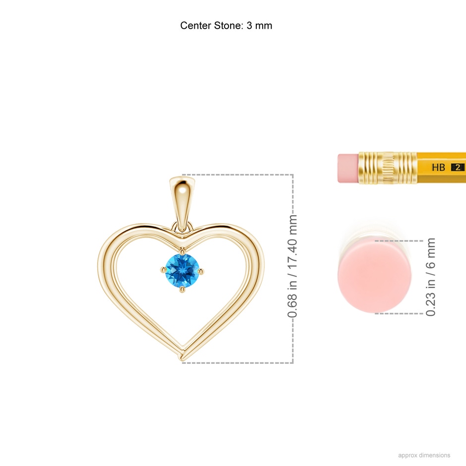 3mm AAAA Solitaire Round Swiss Blue Topaz Open Heart Pendant in Yellow Gold ruler