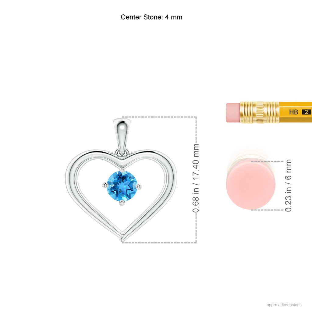 4mm AAA Solitaire Round Swiss Blue Topaz Open Heart Pendant in White Gold Ruler