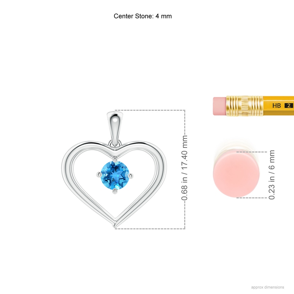 4mm AAA Solitaire Round Swiss Blue Topaz Open Heart Pendant in White Gold ruler