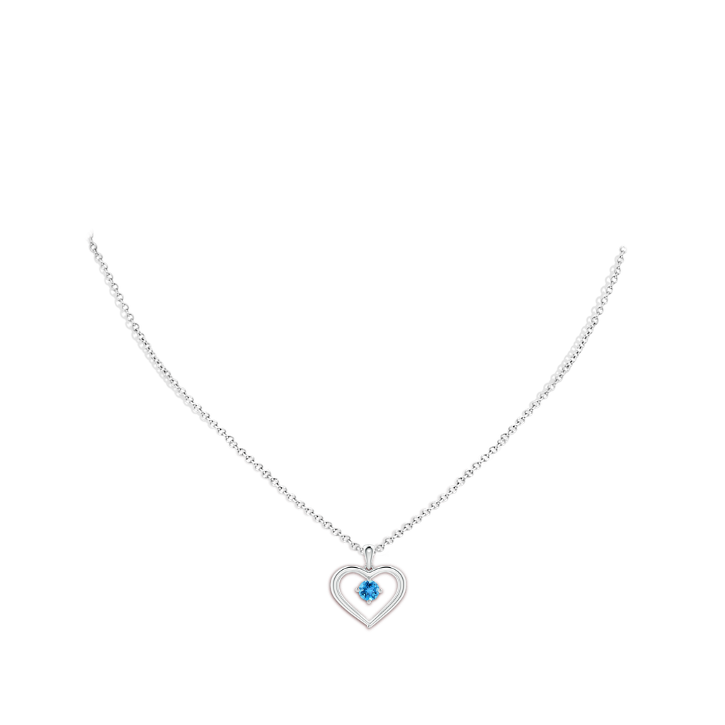 4mm AAA Solitaire Round Swiss Blue Topaz Open Heart Pendant in White Gold Body-Neck