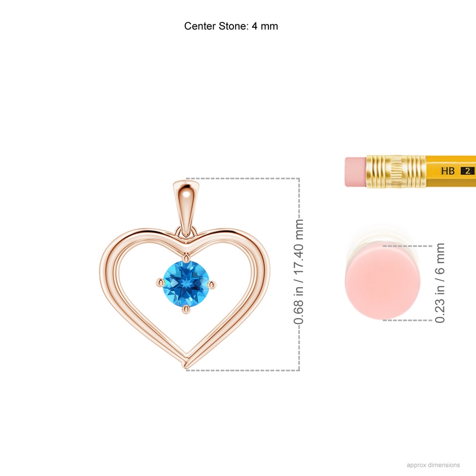 4mm AAAA Solitaire Round Swiss Blue Topaz Open Heart Pendant in Rose Gold ruler