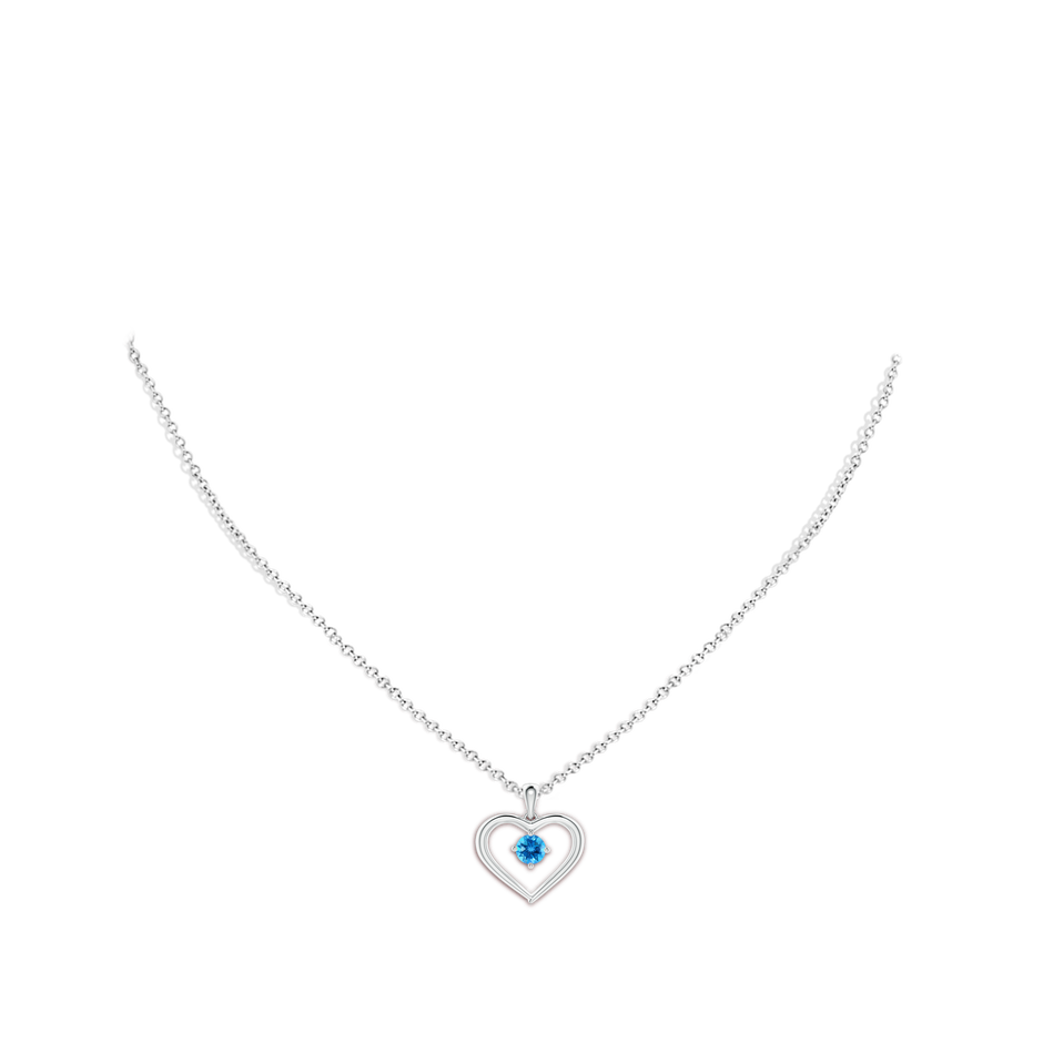 4mm AAAA Solitaire Round Swiss Blue Topaz Open Heart Pendant in White Gold body-neck