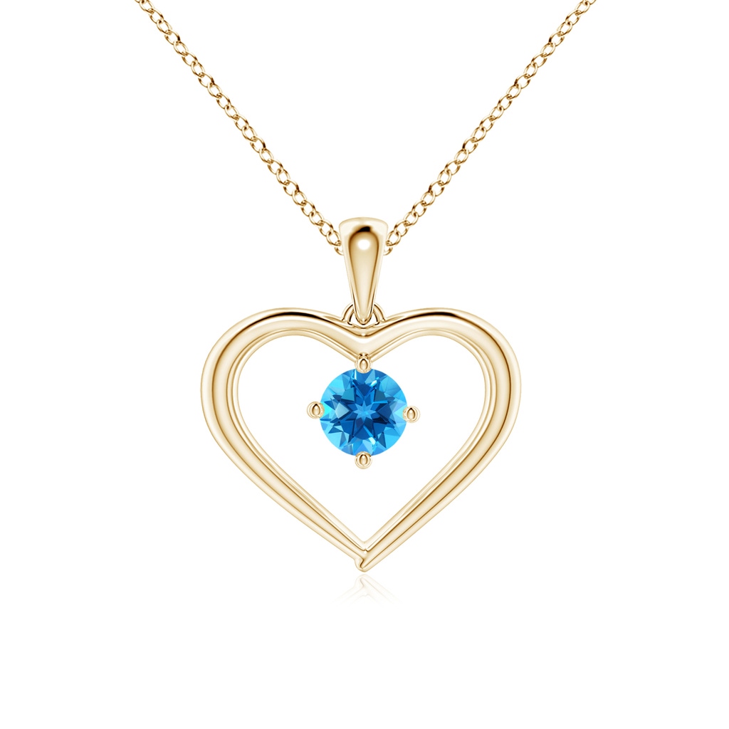 4mm AAAA Solitaire Round Swiss Blue Topaz Open Heart Pendant in Yellow Gold