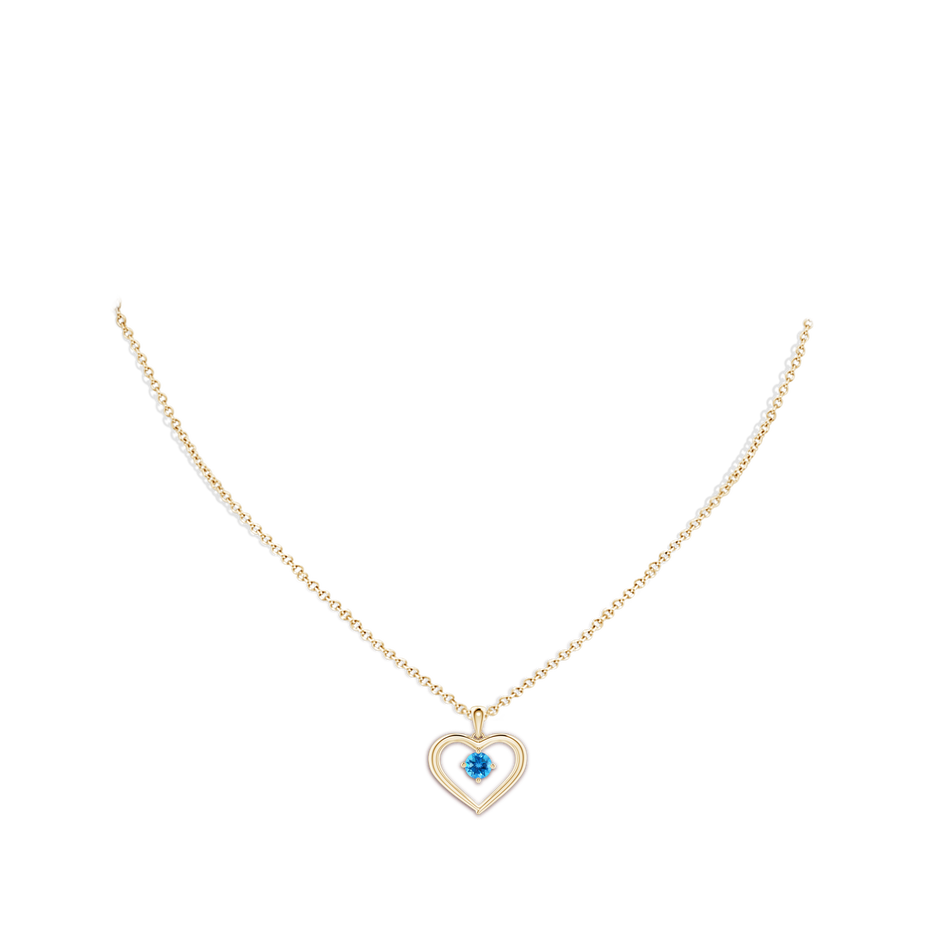 4mm AAAA Solitaire Round Swiss Blue Topaz Open Heart Pendant in Yellow Gold body-neck