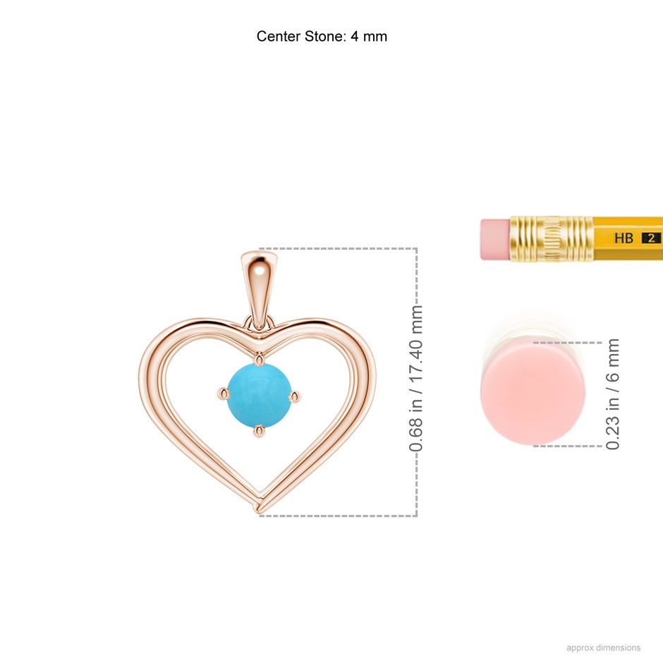 4mm AA Solitaire Round Turquoise Open Heart Pendant in Rose Gold ruler