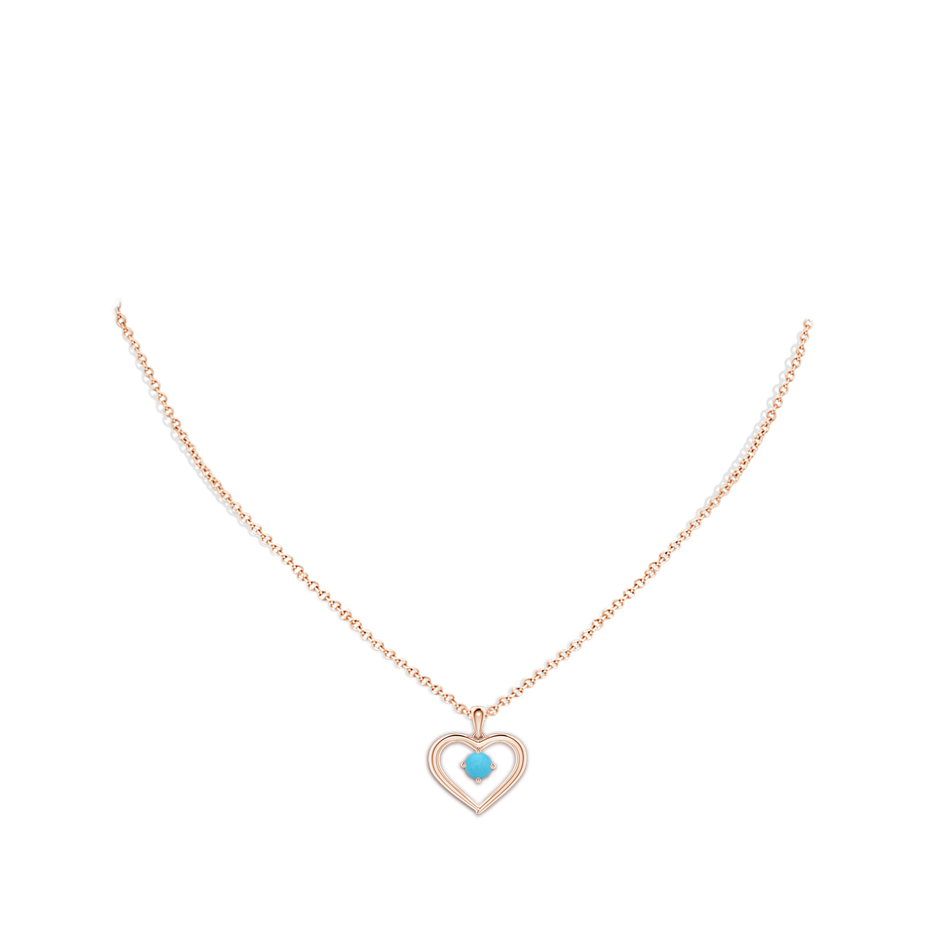 4mm AA Solitaire Round Turquoise Open Heart Pendant in Rose Gold body-neck