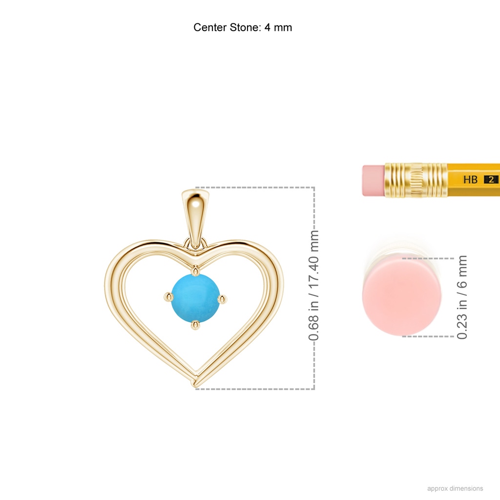 4mm AAA Solitaire Round Turquoise Open Heart Pendant in Yellow Gold Ruler
