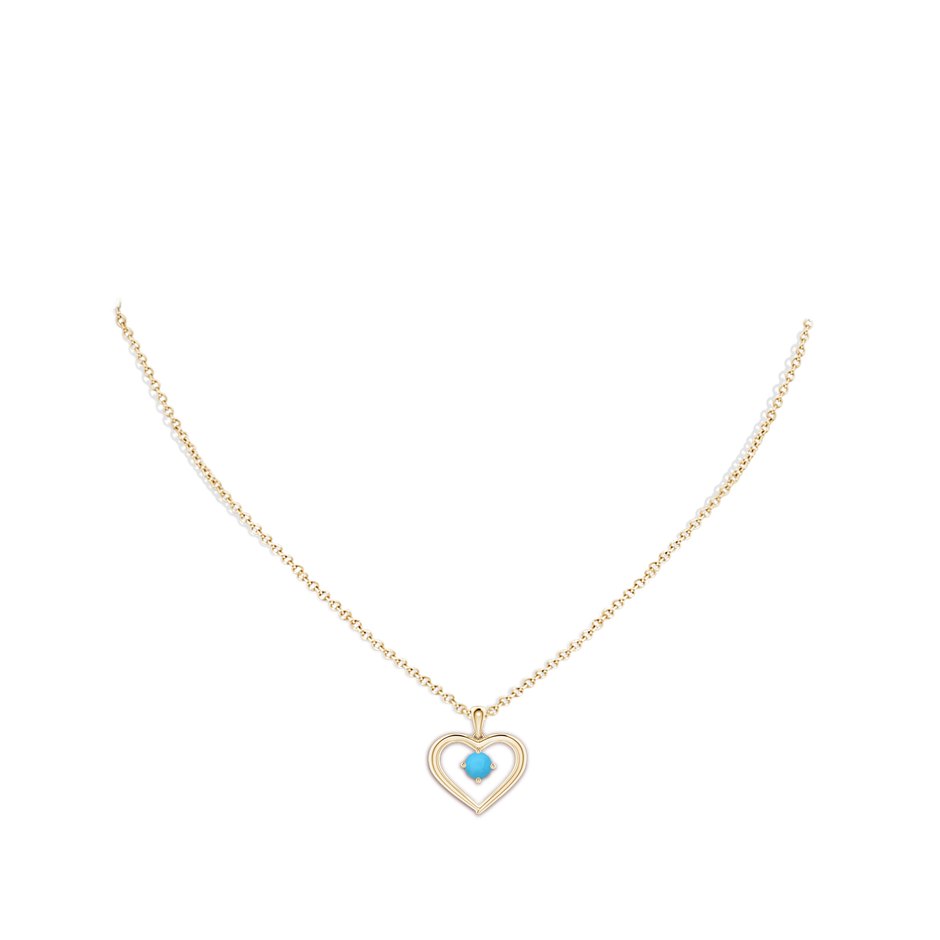 4mm AAA Solitaire Round Turquoise Open Heart Pendant in Yellow Gold body-neck
