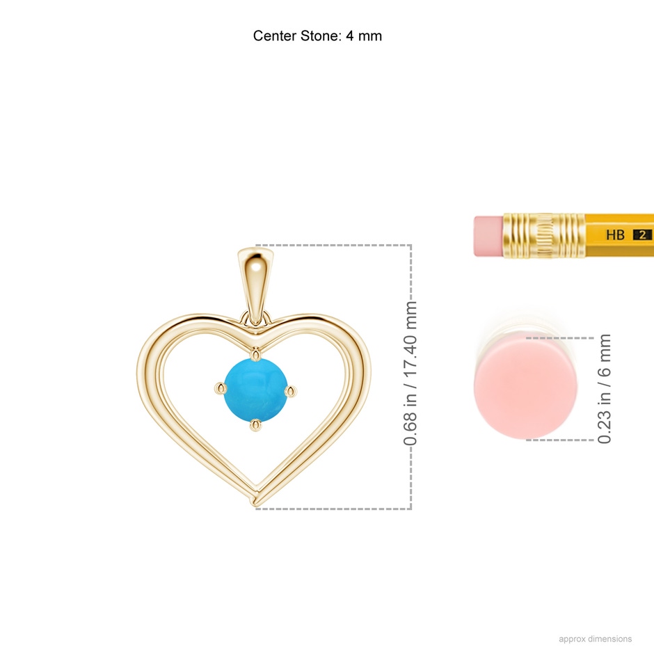 4mm AAAA Solitaire Round Turquoise Open Heart Pendant in Yellow Gold ruler
