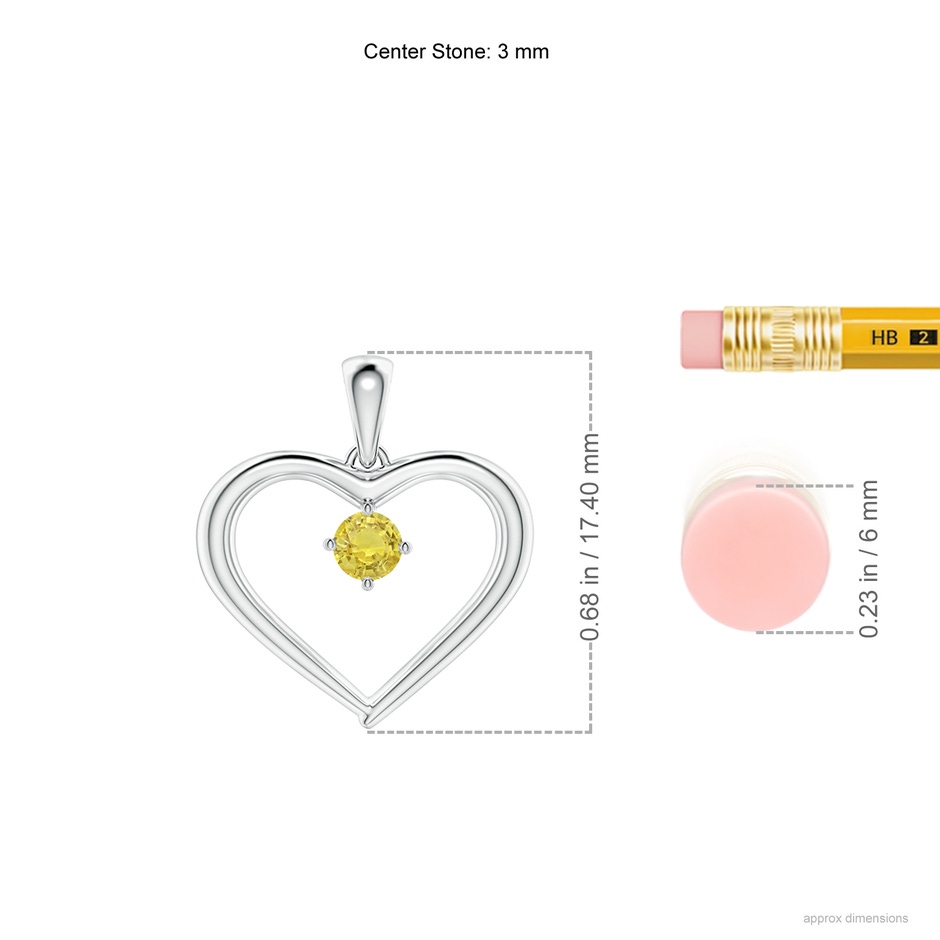 3mm AA Solitaire Round Yellow Sapphire Open Heart Pendant in White Gold ruler