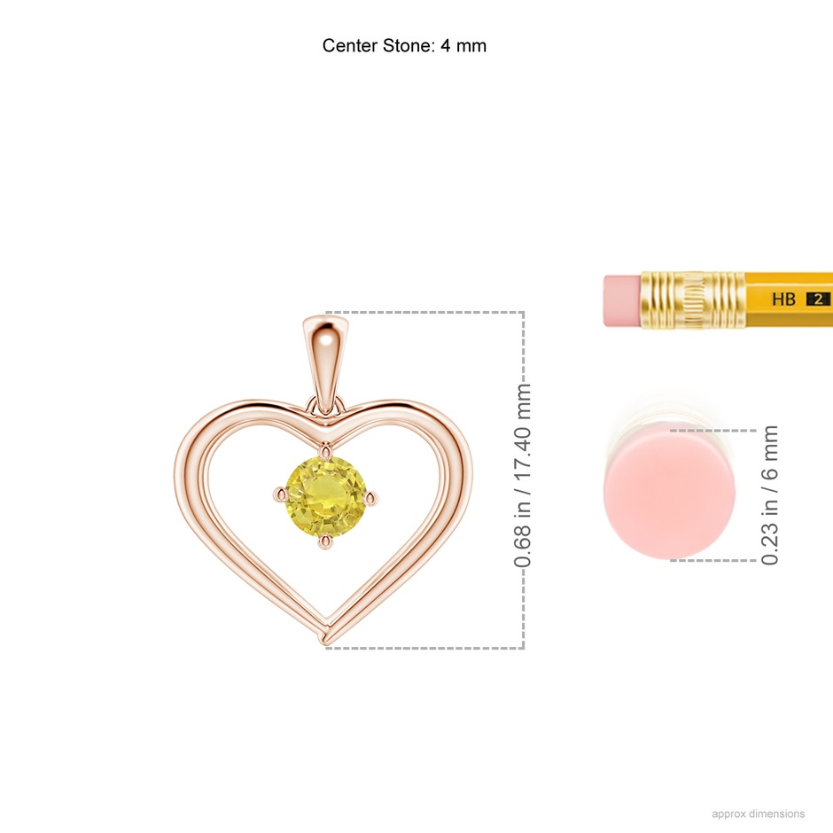 4mm AA Solitaire Round Yellow Sapphire Open Heart Pendant in Rose Gold ruler