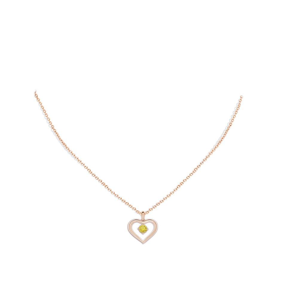 4mm AA Solitaire Round Yellow Sapphire Open Heart Pendant in Rose Gold body-neck