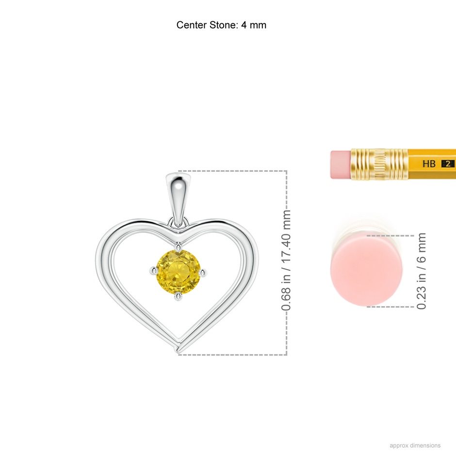 4mm AAA Solitaire Round Yellow Sapphire Open Heart Pendant in White Gold ruler