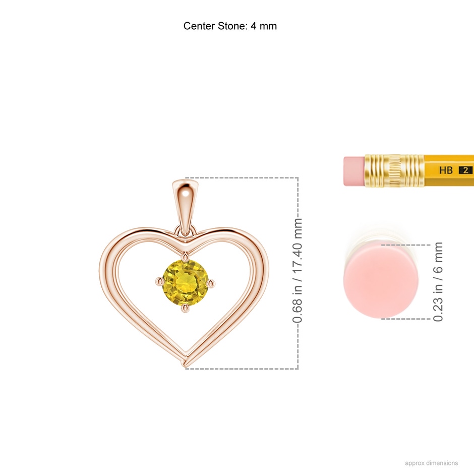 4mm AAAA Solitaire Round Yellow Sapphire Open Heart Pendant in Rose Gold ruler