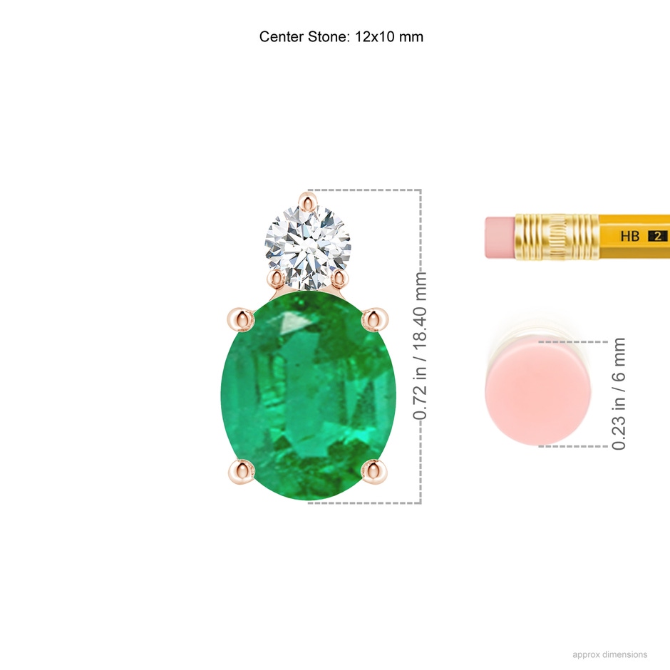 12x10mm AA Oval Emerald Solitaire Pendant with Diamond in Rose Gold ruler