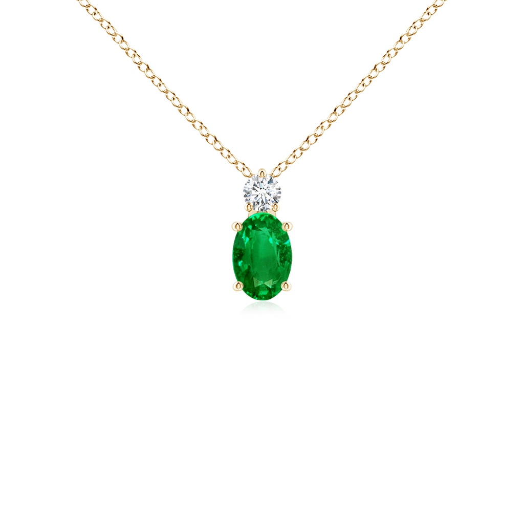 6x4mm AAAA Oval Emerald Solitaire Pendant with Diamond in Yellow Gold