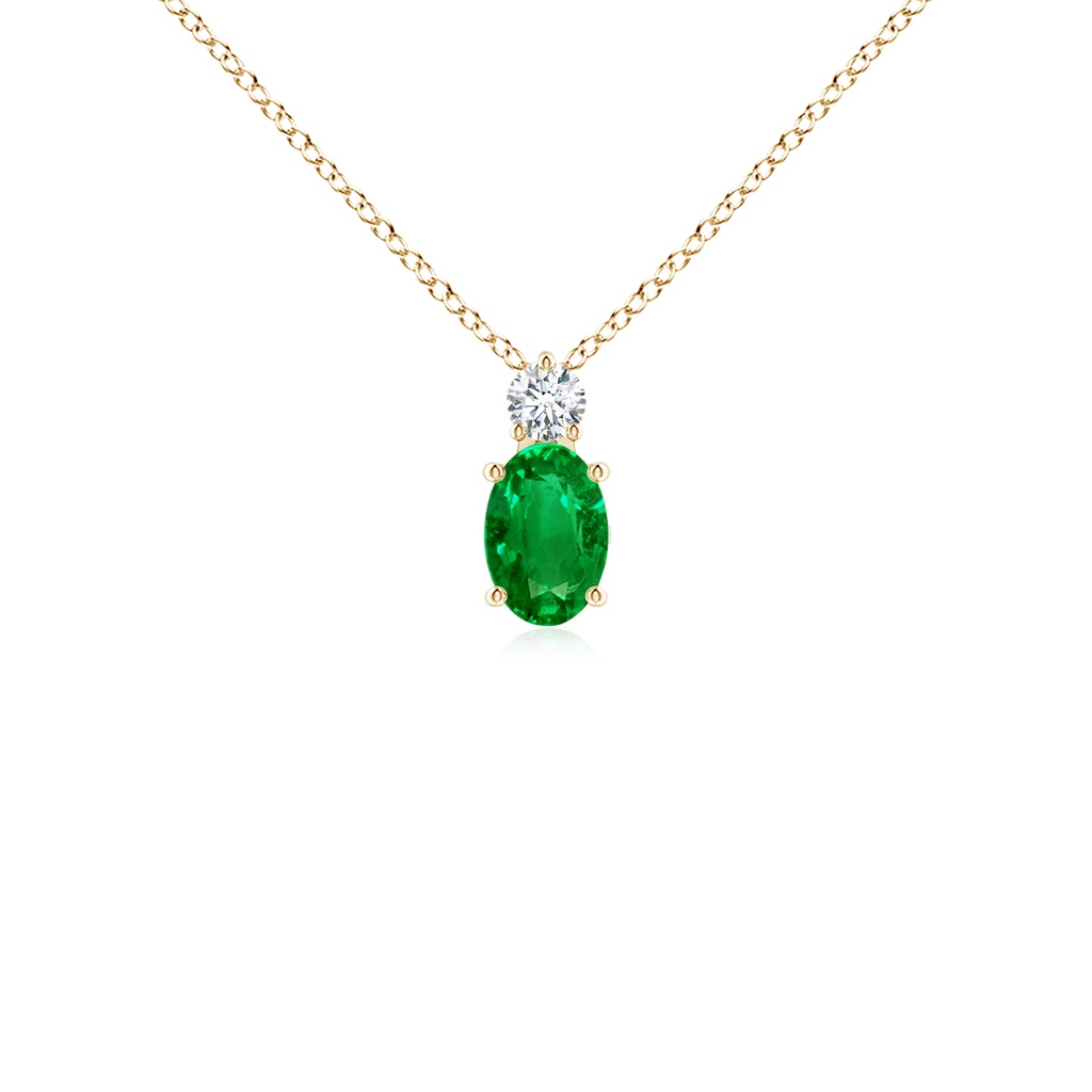 6x4mm AAAA Oval Emerald Solitaire Pendant with Diamond in Yellow Gold