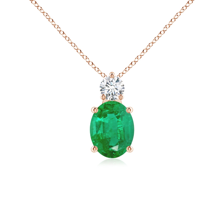 9x7mm AA Oval Emerald Solitaire Pendant with Diamond in Rose Gold 