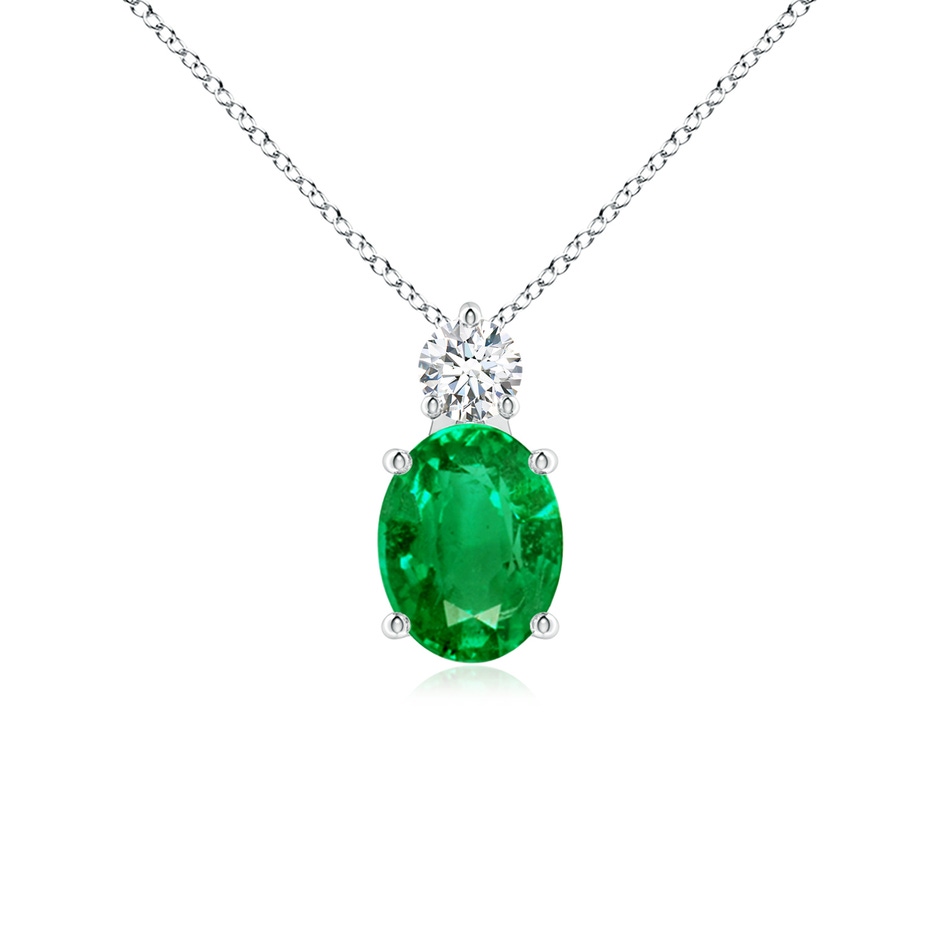 9x7mm AAA Oval Emerald Solitaire Pendant with Diamond in White Gold 