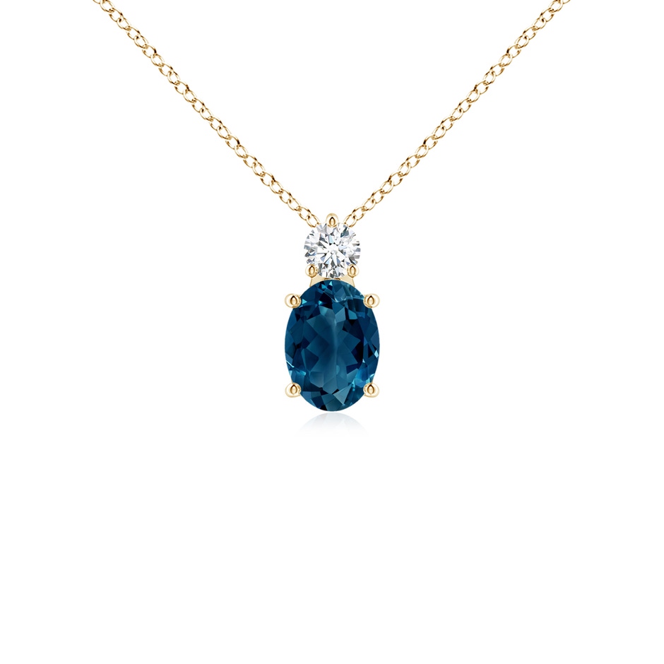 7x5mm AAAA Oval London Blue Topaz Solitaire Pendant with Diamond in Yellow Gold 