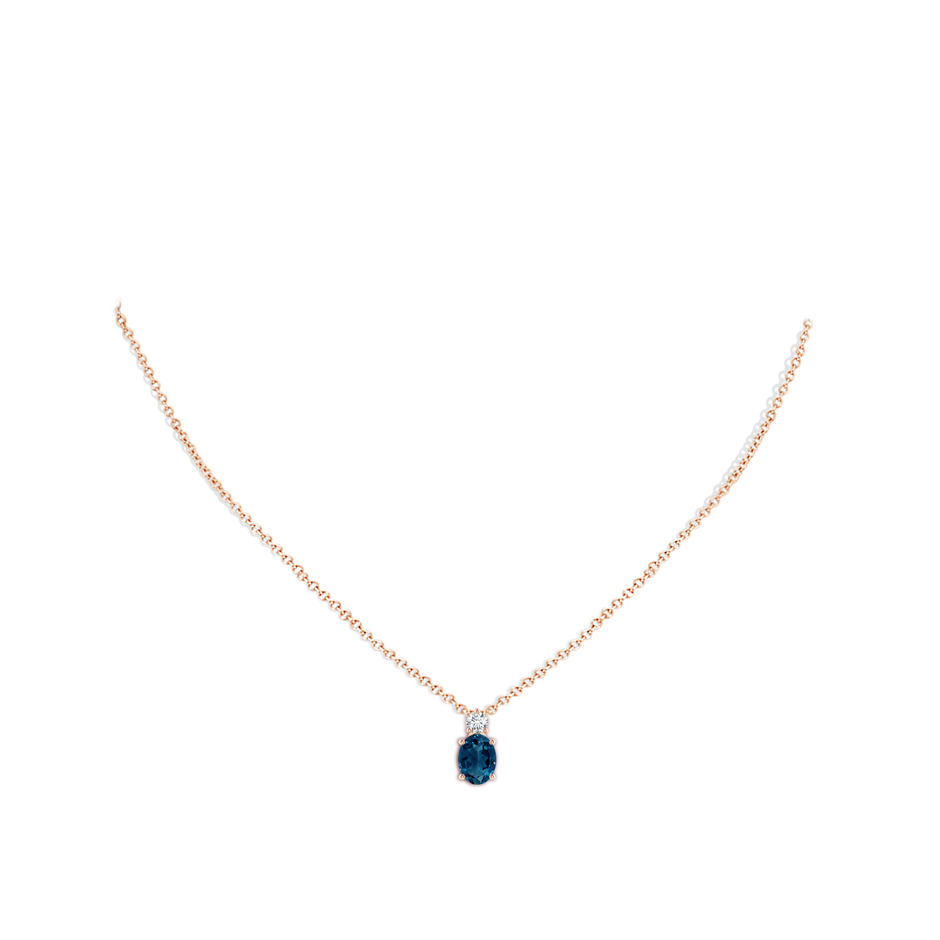 8x6mm AAAA Oval London Blue Topaz Solitaire Pendant with Diamond in Rose Gold body-neck