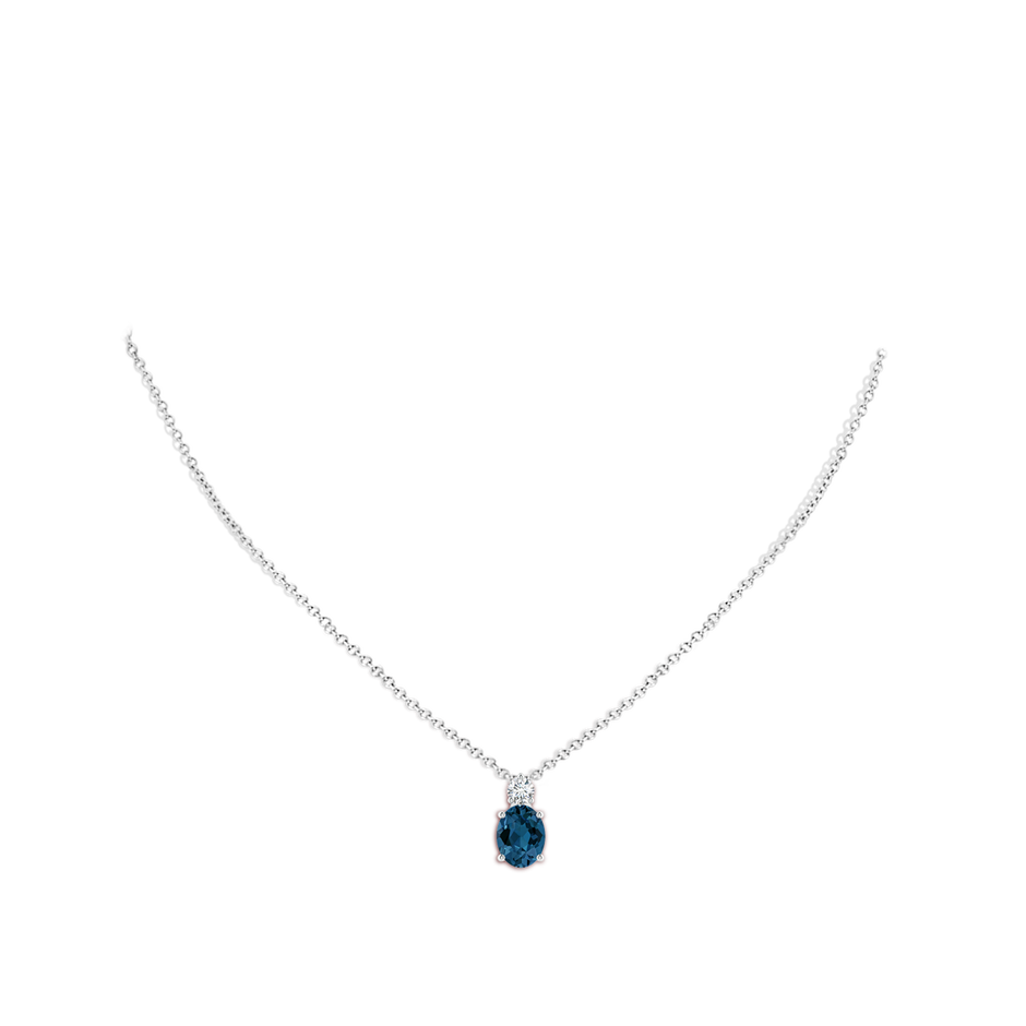 9x7mm AAA Oval London Blue Topaz Solitaire Pendant with Diamond in White Gold body-neck