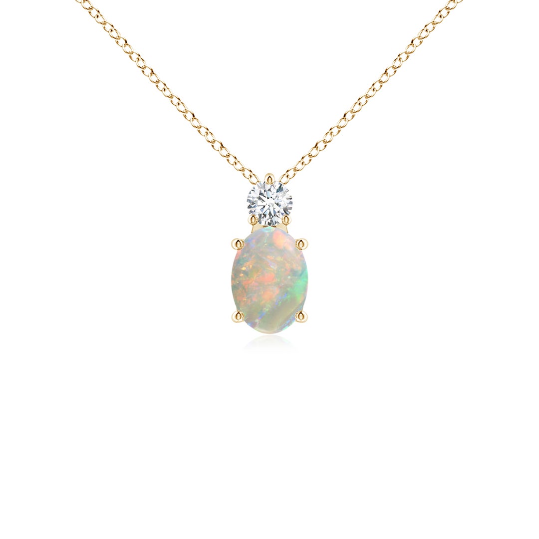 7x5mm AAAA Oval Opal Solitaire Pendant with Diamond in Yellow Gold