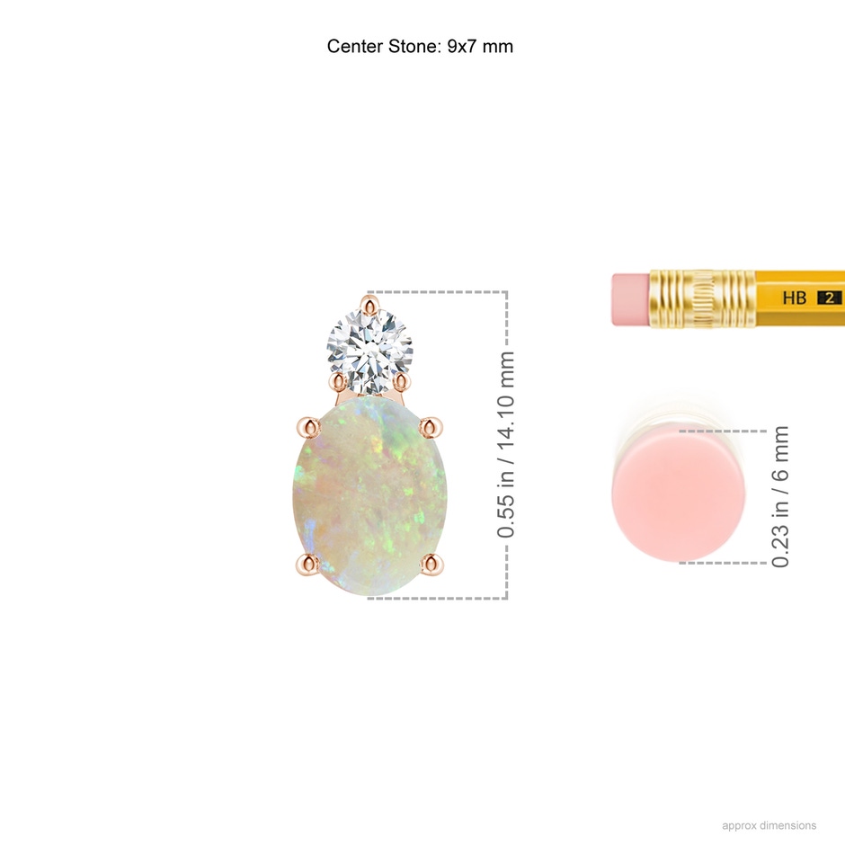9x7mm AAA Oval Opal Solitaire Pendant with Diamond in Rose Gold ruler