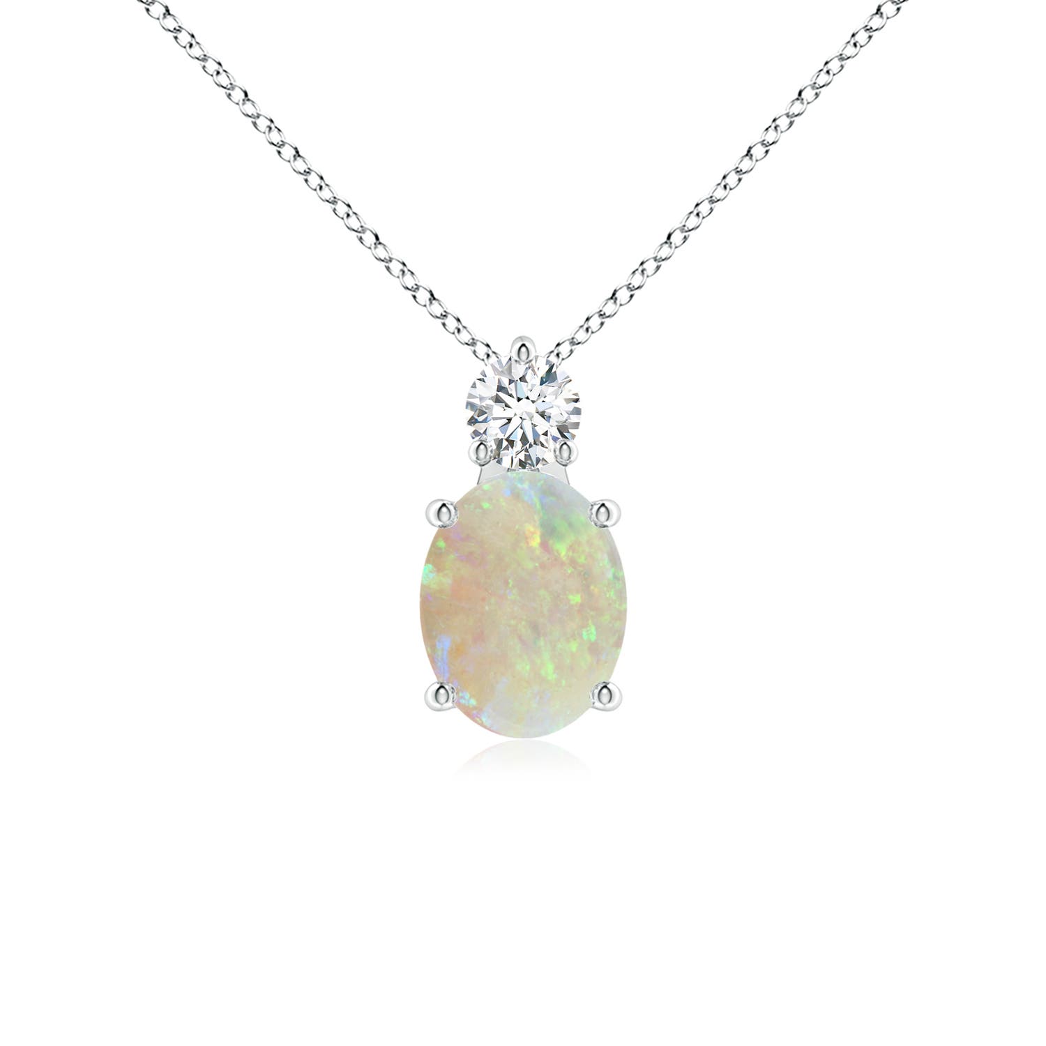9x7mm AAA Oval Opal Solitaire Pendant with Diamond in White Gold