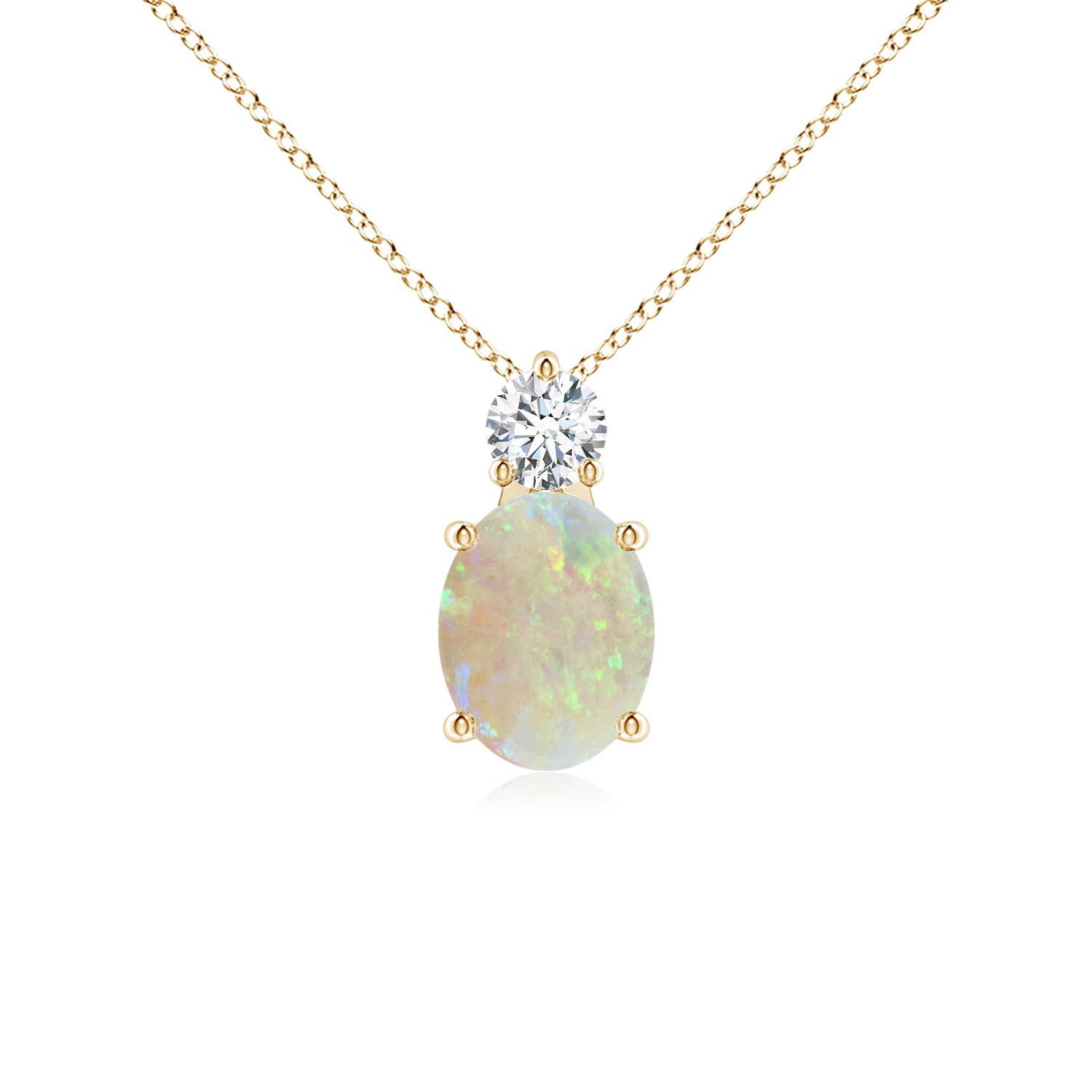 9x7mm AAA Oval Opal Solitaire Pendant with Diamond in Yellow Gold