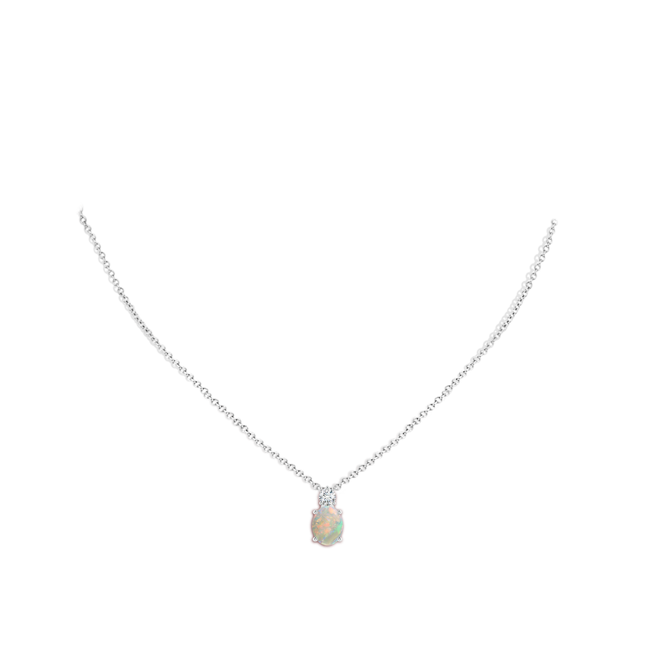 9x7mm AAAA Oval Opal Solitaire Pendant with Diamond in White Gold body-neck