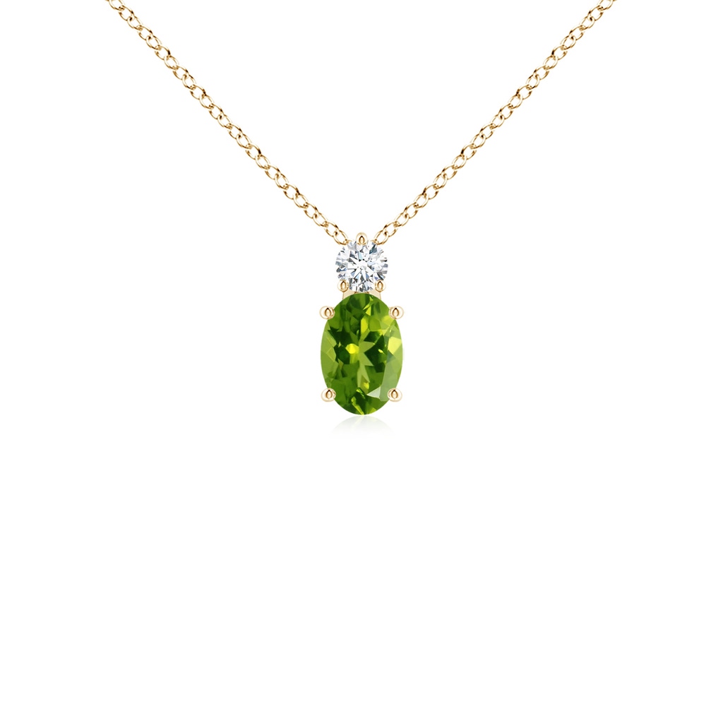 6x4mm AAAA Oval Peridot Solitaire Pendant with Diamond in Yellow Gold