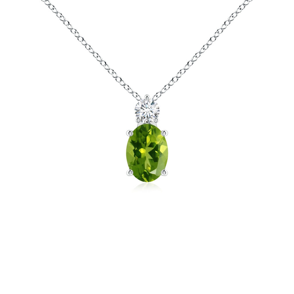 7x5mm AAAA Oval Peridot Solitaire Pendant with Diamond in White Gold