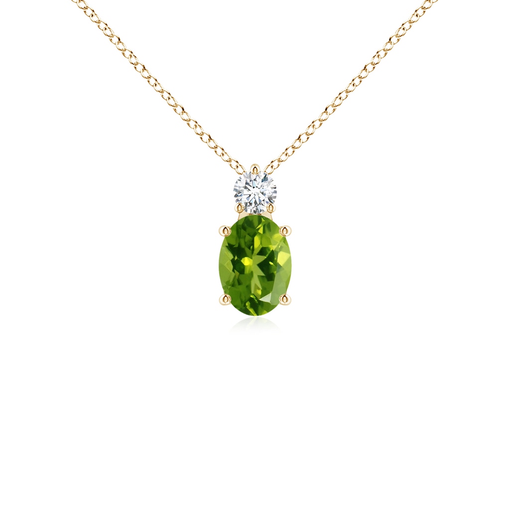 7x5mm AAAA Oval Peridot Solitaire Pendant with Diamond in Yellow Gold