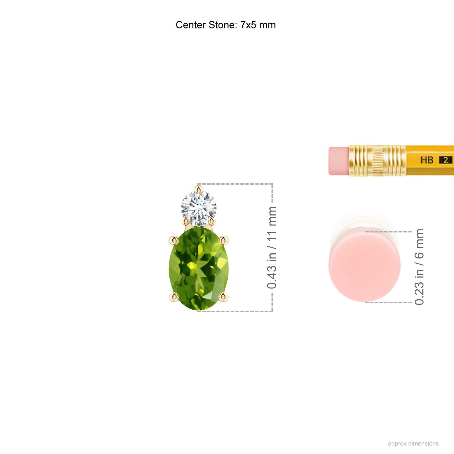 7x5mm AAAA Oval Peridot Solitaire Pendant with Diamond in Yellow Gold - ruler