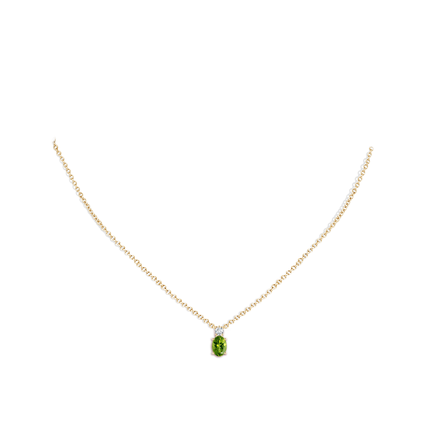 7x5mm AAAA Oval Peridot Solitaire Pendant with Diamond in Yellow Gold - body_neck