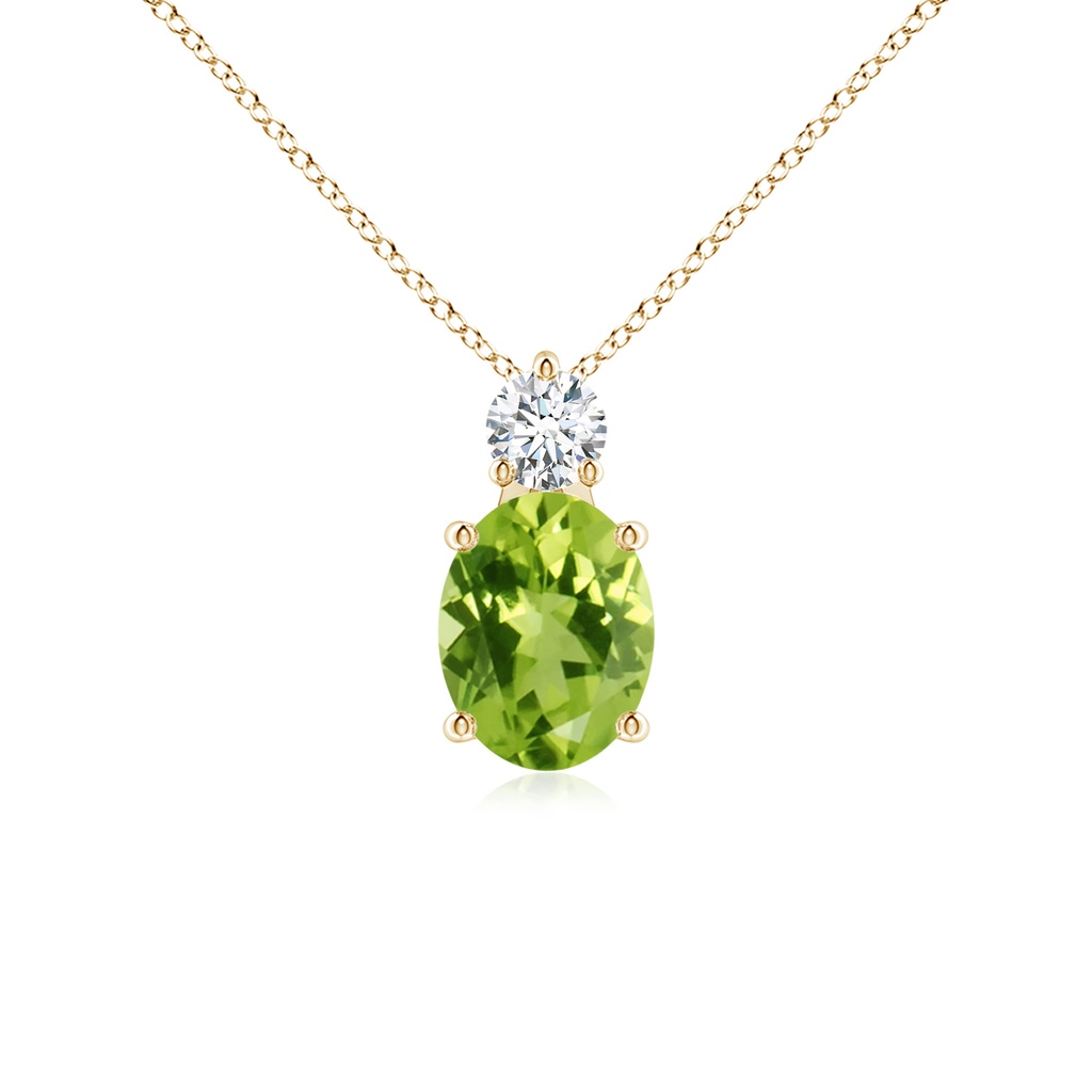 9x7mm AAA Oval Peridot Solitaire Pendant with Diamond in Yellow Gold