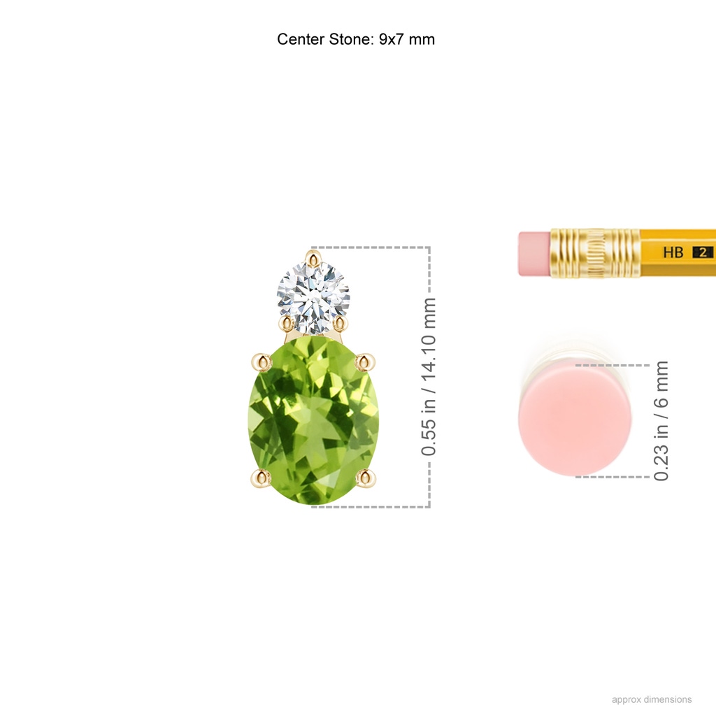 9x7mm AAA Oval Peridot Solitaire Pendant with Diamond in Yellow Gold ruler