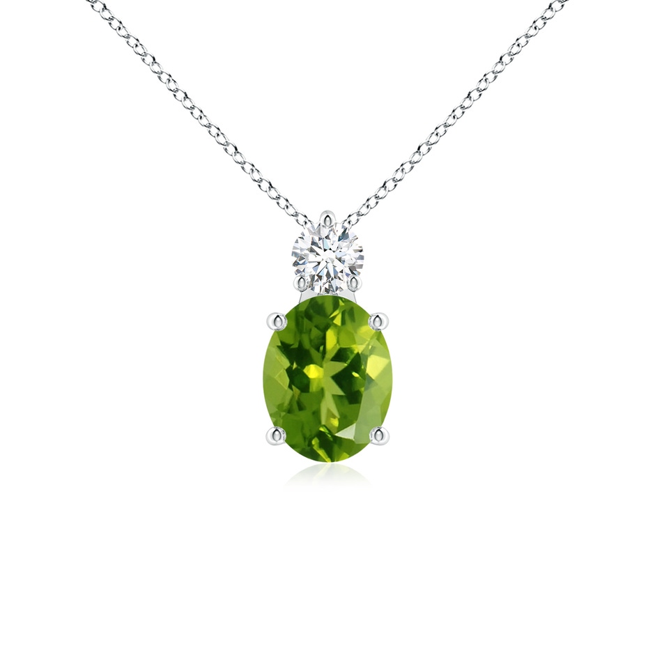 9x7mm AAAA Oval Peridot Solitaire Pendant with Diamond in White Gold 