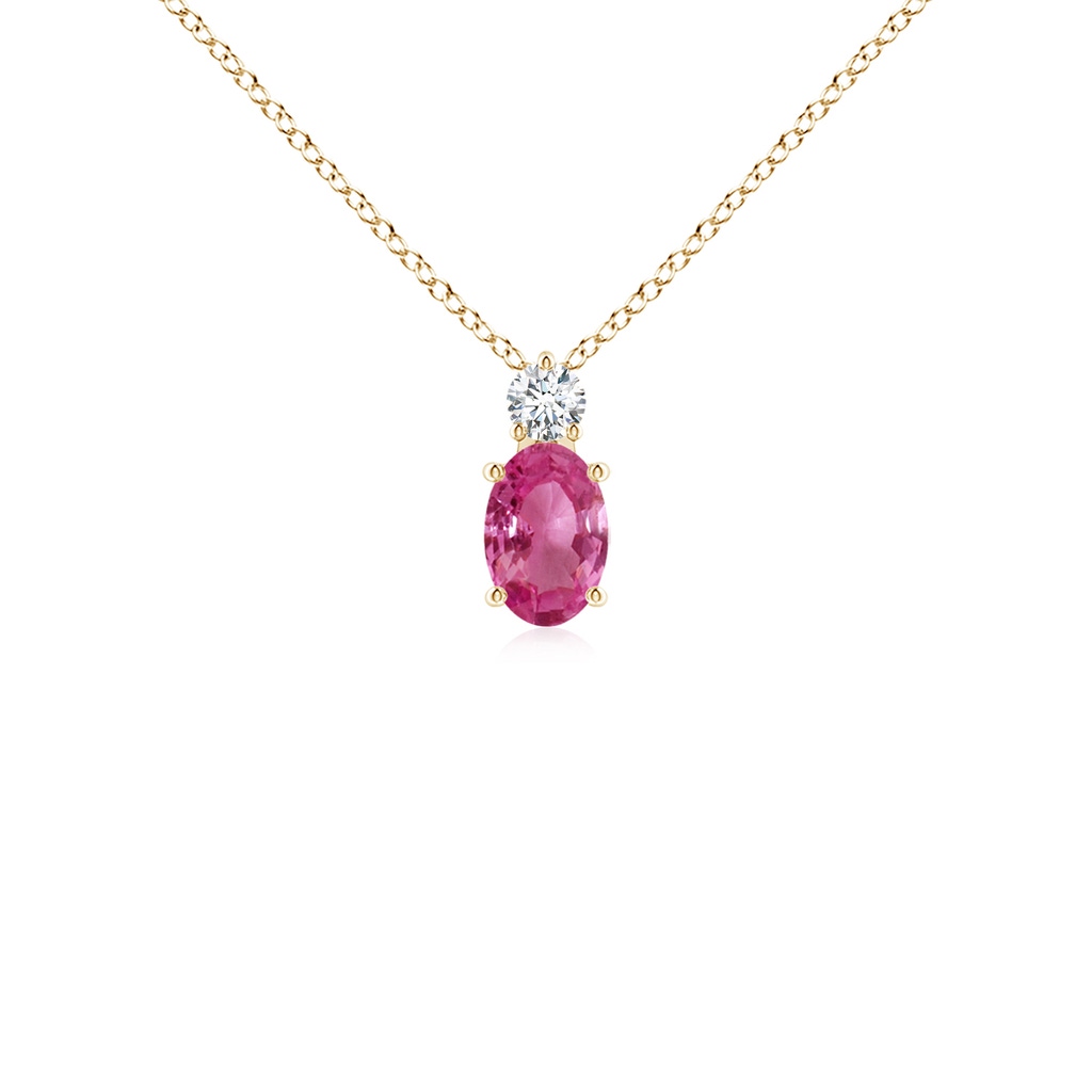 6x4mm AAAA Oval Pink Sapphire Solitaire Pendant with Diamond in Yellow Gold