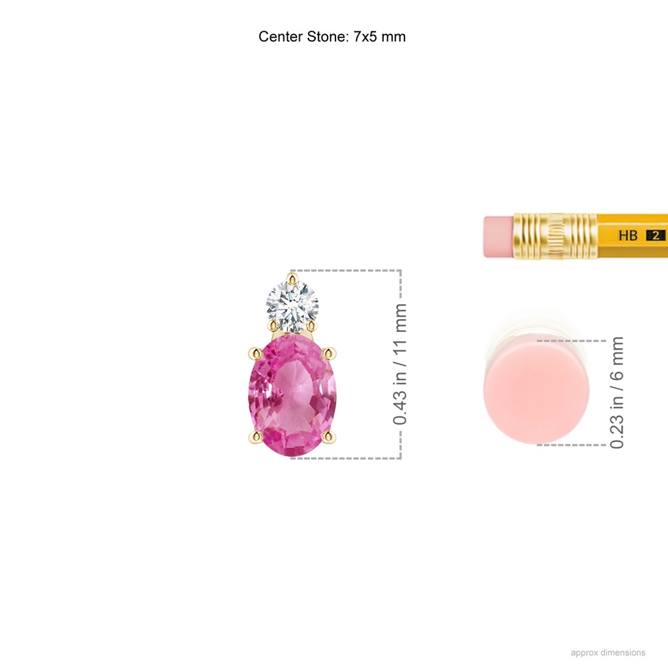 7x5mm AAA Oval Pink Sapphire Solitaire Pendant with Diamond in Yellow Gold ruler