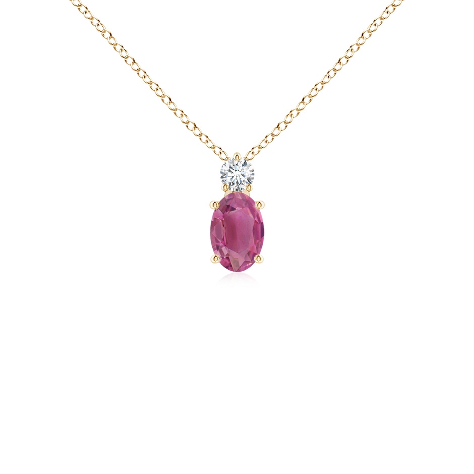 6x4mm AAA Oval Pink Tourmaline Solitaire Pendant with Diamond in Yellow Gold 