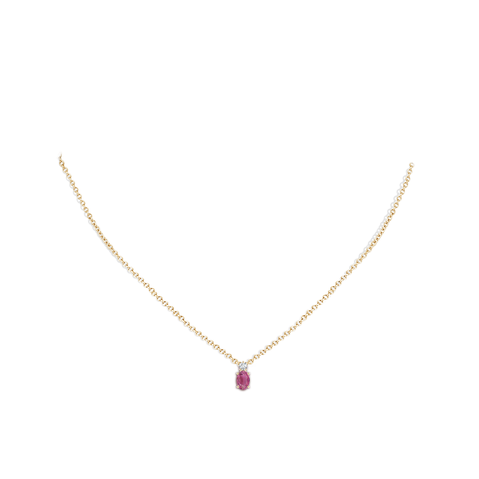 6x4mm AAA Oval Pink Tourmaline Solitaire Pendant with Diamond in Yellow Gold pen