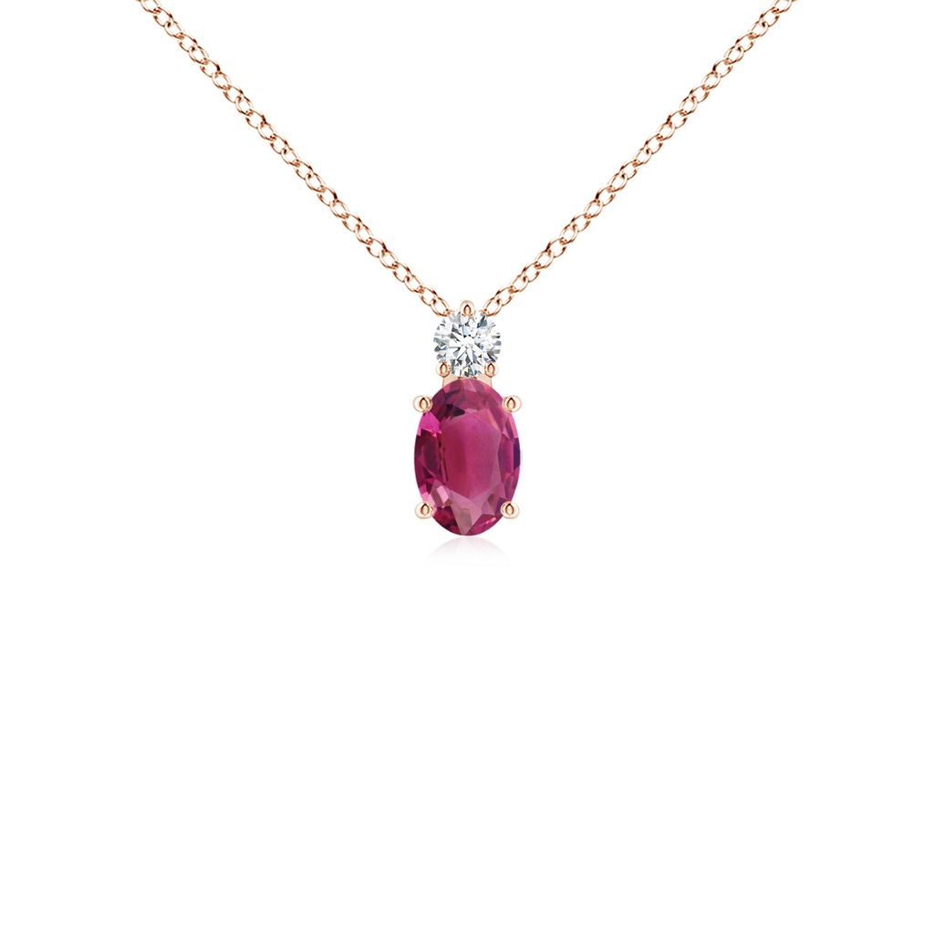 6x4mm AAAA Oval Pink Tourmaline Solitaire Pendant with Diamond in Rose Gold