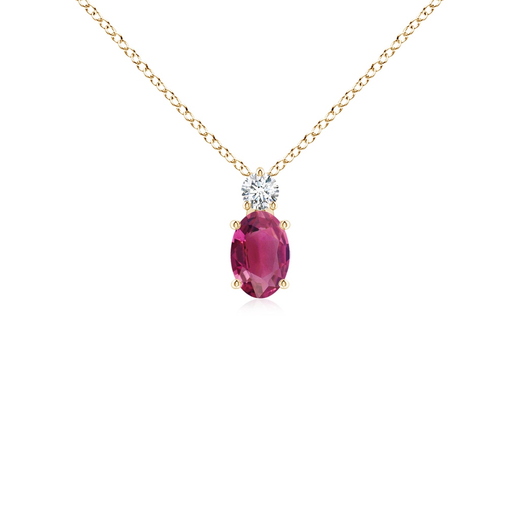 6x4mm AAAA Oval Pink Tourmaline Solitaire Pendant with Diamond in Yellow Gold