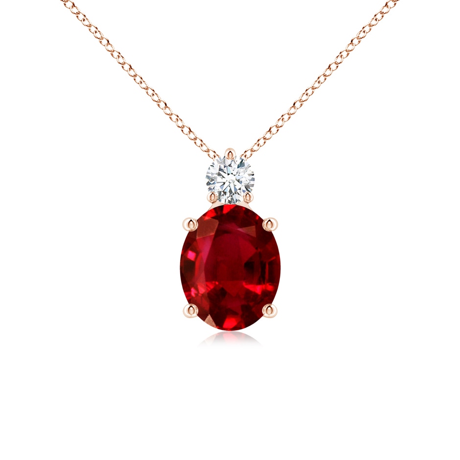 10x8mm AAAA Oval Ruby Solitaire Pendant with Diamond in Rose Gold 